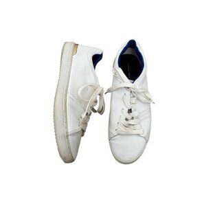 Zara Man White Leather Low-Top Sneakers With Gold Accent & Blue Lining